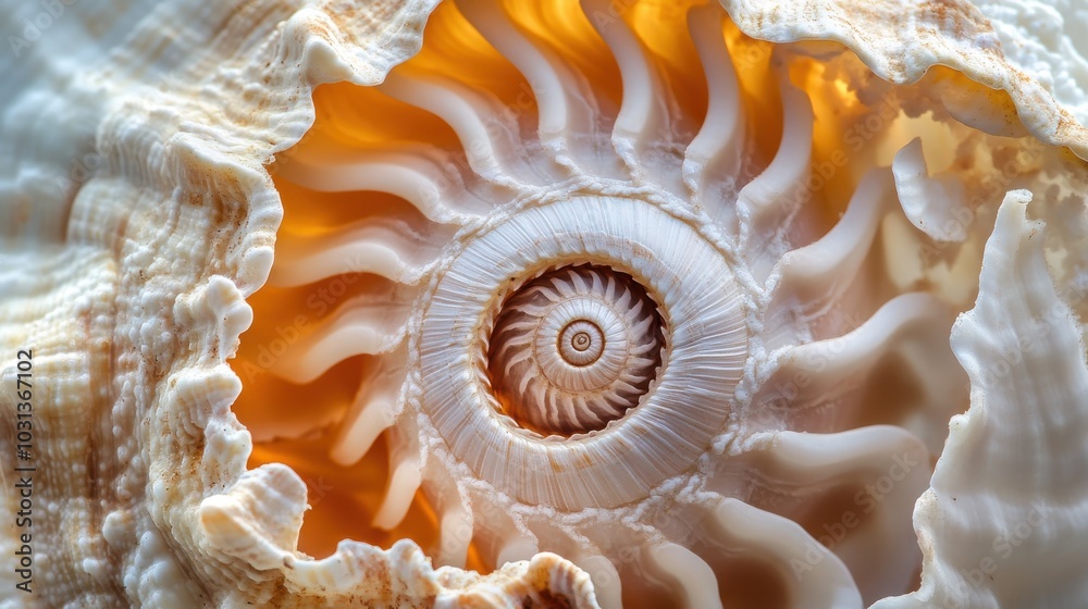 Poster a close-up view of a beautiful spiral shell capturing intricate details and divine proportions in so