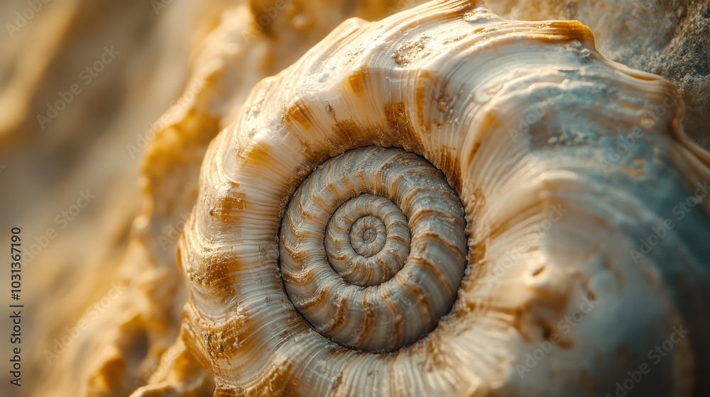 Poster a close-up view of an intricate spiral shell showcasing divine proportions and natural texture in so