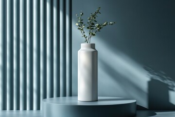 Minimalist Interior Design with Plant in White Vase on Blue Platform.