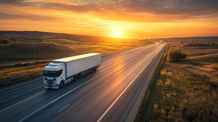 Truck journey on a scenic highway at sunset