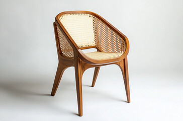 a cane chair with a wooden frame and woven rattan seat