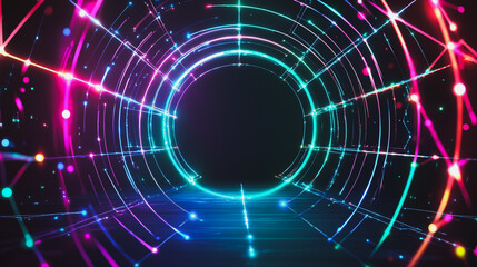 Obraz premium Abstract black background with Colorful circle lines. Digital future technology . Abstract business connection of lines from nodes innovation of communication in the network
