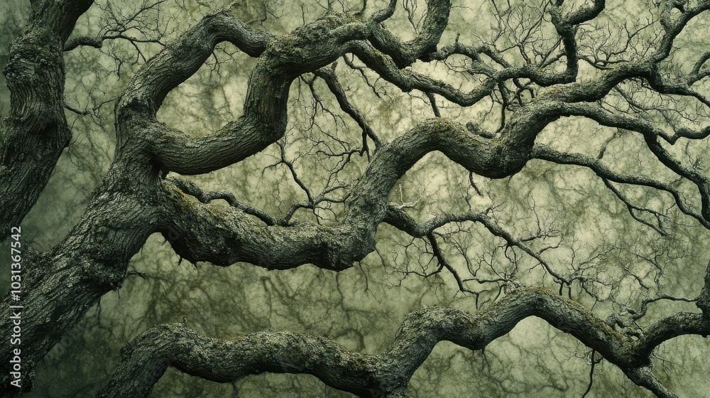 Poster Close-up view of a tree's intricate branching pattern revealing divine proportion in nature with soft green hues and organic textures