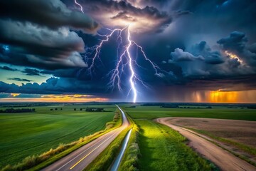 Dramatic Drone Photography of Lightning Bolt Striking Over Field and Road at Night