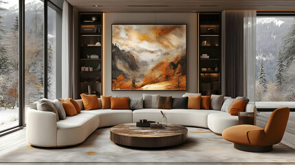 Cozy modern living room with warm tones and abstract art.