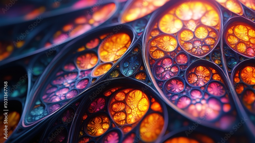 Poster Close-up view of an intricate fractal pattern showcasing divine proportion with vibrant colors and geometric shapes