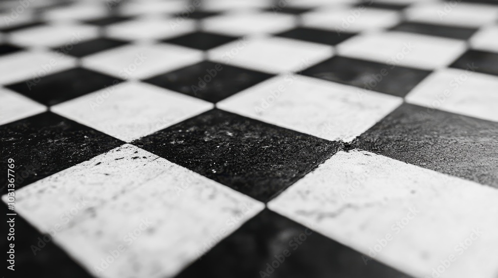 Poster A close-up view of a monochromatic chessboard pattern showcasing divine proportion and geometric alignment in a minimalist design