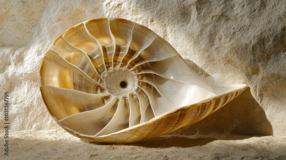Poster A close-up view of a nautilus shell split open, showcasing its intricate spiral and smooth textures under warm ambient lighting