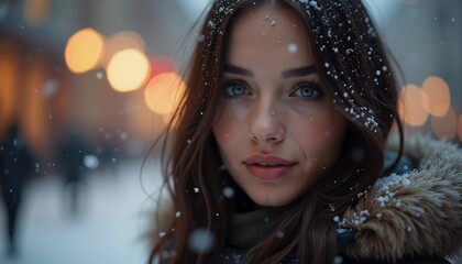 A stunning woman is looking softly as snowflakes fall around her in a delightful city setting, capturing the magic of the Christmas season. Beautiful brunette with long hair. Generative AI