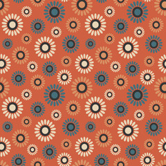 Retro Autumn Folk flowers terracotta orange Raster pattern. Naive flowers in fall dusted colors seamless pattern, orange, blue, cream.