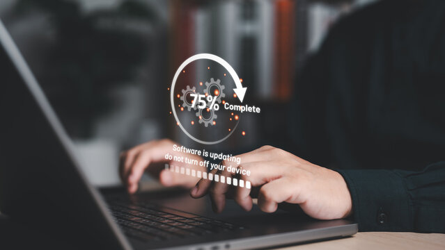 Operating system, Firmware, OS upgrade with loading progress screen. Software update to improve functionality in the new version. Fix or patch security bugs. Man working and installing update process.