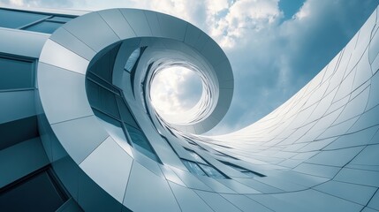 Fibonacci spiral overlays modern building design showcasing clean lines and golden ratio principles on a cloudy day