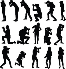 Set of photographer full body silhouette illustration. People taking picture using camera.