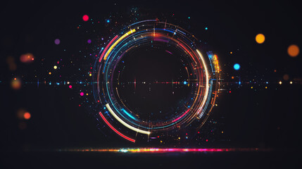 Obraz premium Abstract black background with Colorful circle lines. Digital future technology . Abstract business connection of lines from nodes innovation of communication in the network
