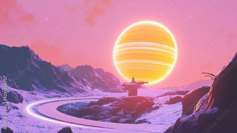 Poster a space station orbits a massive exoplanet with glowing rings under a distant sun in a vibrant cosmi