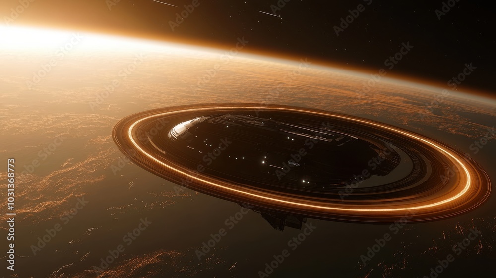 Aufkleber A space station orbits a massive exoplanet, illuminated by the glow of rings under a distant star in the vastness of space