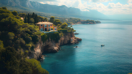 Scenic coastal view with a villa perched on a cliffside.