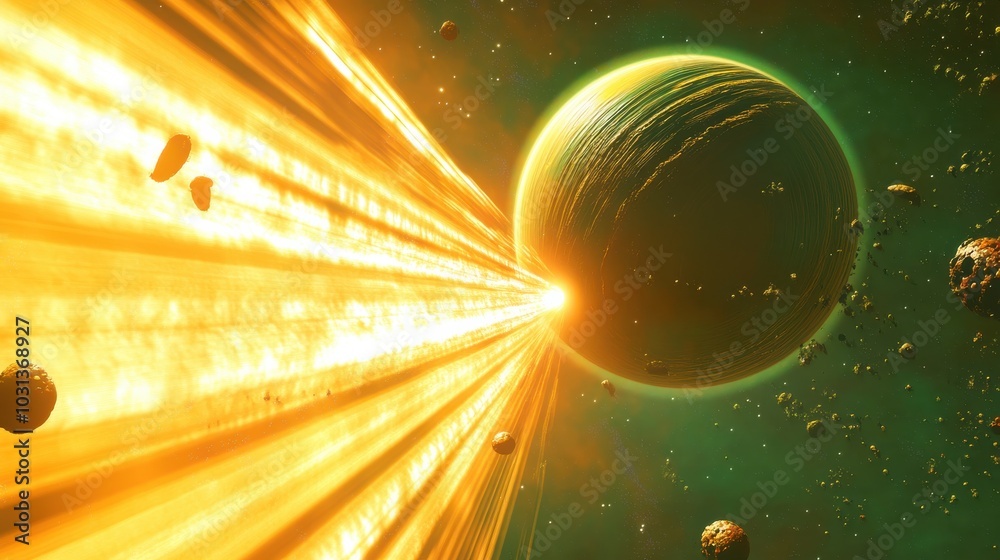 Poster a glowing planet surrounded by shimmering moons unleashes a stunning light show in the depths of spa