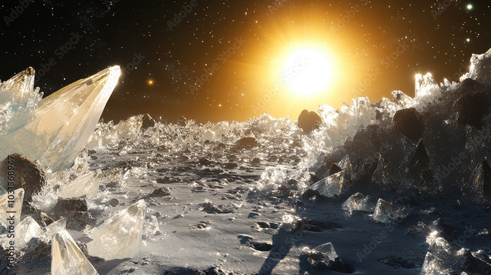 Poster a spacecraft explores a dazzling crystal planet illuminated by a distant sun in the depths of space
