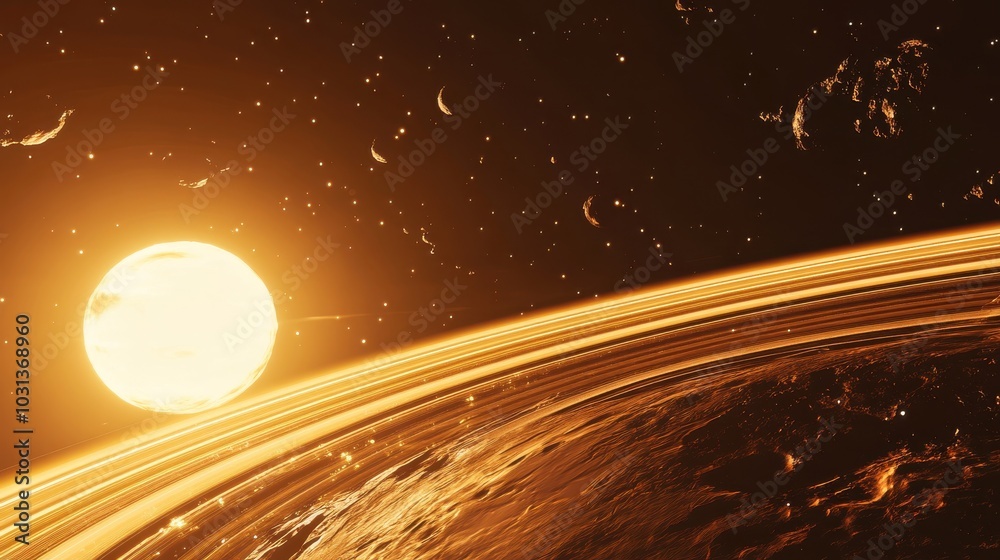 Aufkleber discovery of a new planet with glowing rings and multiple moons, featuring a thin atmosphere