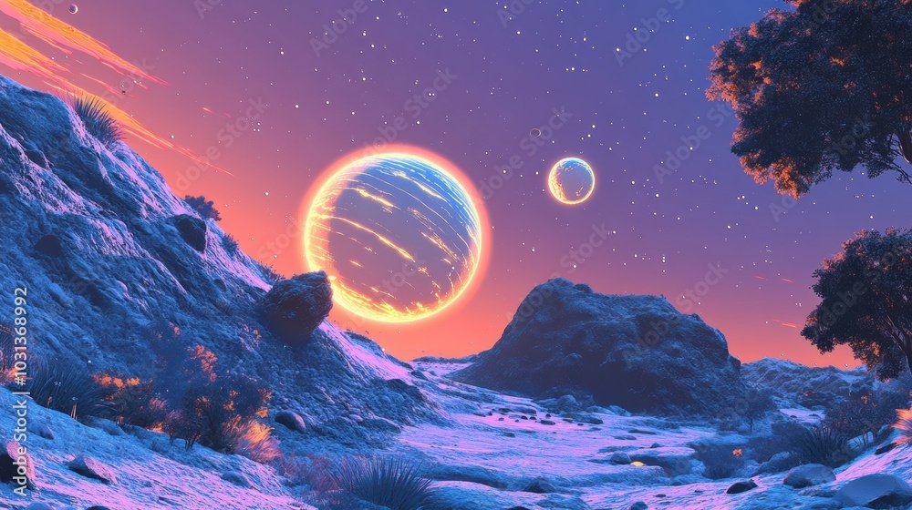 Poster a luminous planet showcases a stunning light display with its moons crossing the shining atmosphere 