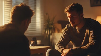 A male therapist provides empathetic support to a young man during a therapy session in a warm and comforting setting