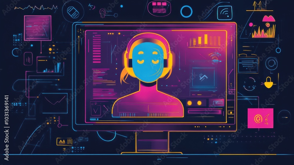 Fototapete a hand-drawn illustration of a vibrant ai prototype as a virtual assistant displayed on a computer s