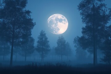 Naklejka premium Full Moon Over Foggy Forest.