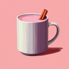 A stylized mug of pink smoothie topped with a cinnamon stick.