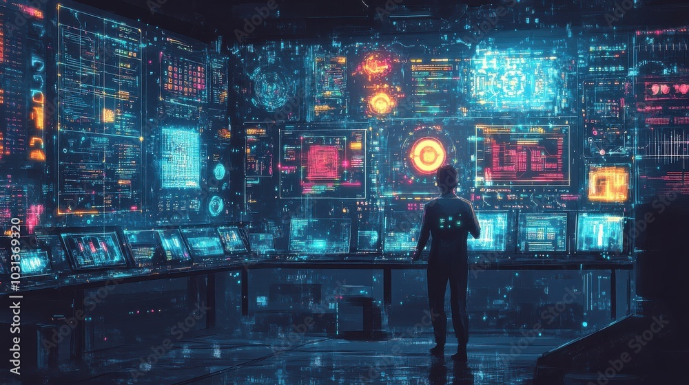 Aufkleber Futuristic lab showcasing a hand-drawn AI prototype with vibrant screens displaying complex data and algorithms in a dynamic environment