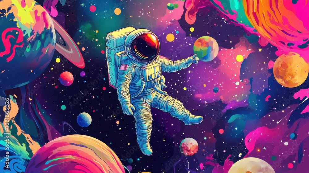 Poster An AI prototype explores vibrant space with astronauts among colorful planets and swirling stars in a hand-drawn adventure