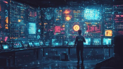 Futuristic lab showcasing a hand-drawn AI prototype with vibrant screens displaying complex data and algorithms in a dynamic environment