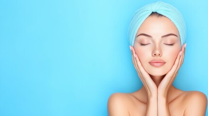 Naklejka premium A serene woman with closed eyes and a towel on her head, enjoying a moment of relaxation against a soft blue background.