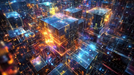 A futuristic composition featuring metallic cubes and digital data streams, arranged in a complex pattern with neon lighting creating depth.