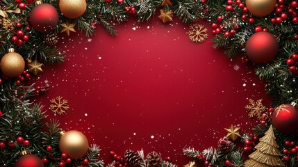 Festive Christmas Border with Red & Gold Ornaments, Pine Branches & Snow