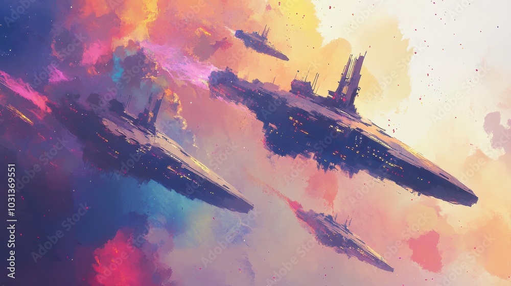 Poster a fleet of advanced spaceships navigates the vibrant remnants of a supernova, exploring cosmic dust 