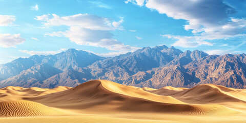 Naklejka premium Beautiful desert landscape with sand dunes and mountains in the background, generative AI