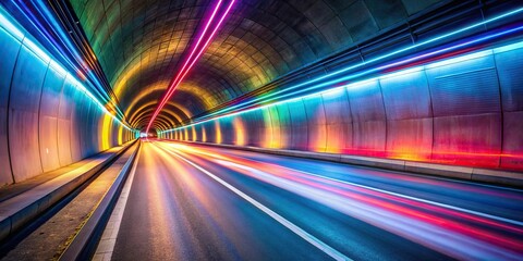 Abstract empty road tunnel with colorful light trail