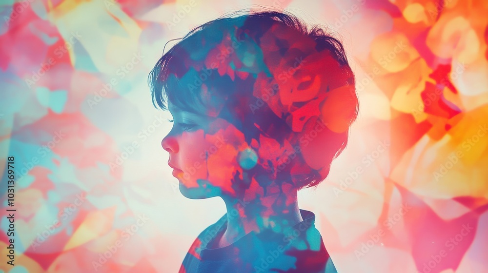 Poster A child with the power of invisibility fades into a vibrant background adorned with playful patterns and colors