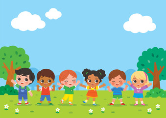 Group of Happy boys and girls standing and jumping on the park. Children's activities. Template for advertising brochure.