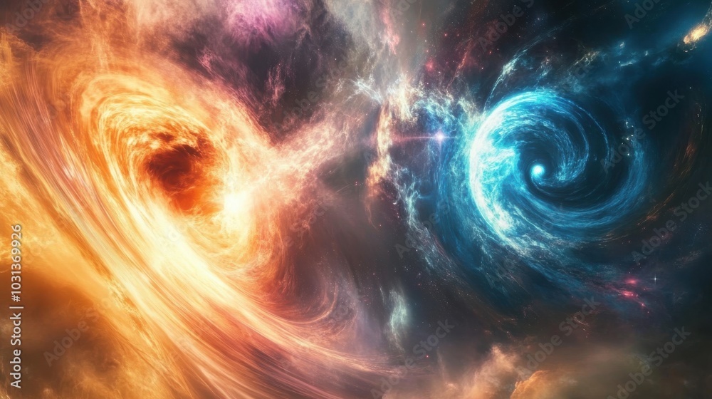Poster a stunning view of two black holes merging, creating cosmic ripples in the fabric of space-time bill