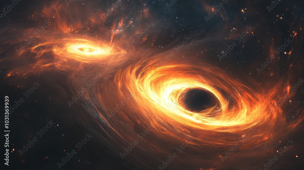 Poster a spectacular merger of two black holes generating ripples through space-time in a distant galaxy