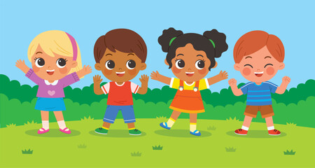 Group of Happy boys and girls standing and jumping on the park. Children's activities.