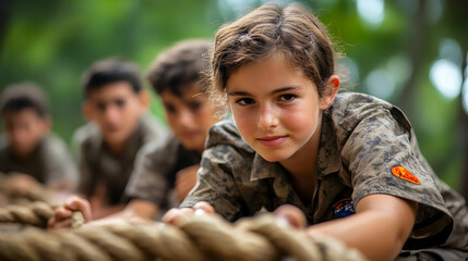 Fototapeta premium Children participating in a team-building rope activity outdoors.