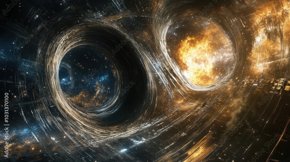 Poster Cosmic event of two black holes merging, creating powerful waves in space-time, observed in the vast universe