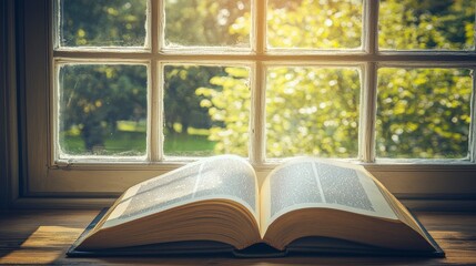 An open book on a windowsill with sunlight streaming through