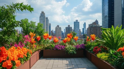 Fototapeta premium Urban rooftop garden bursting with vibrant flowers and exotic plants under a bright city skyline