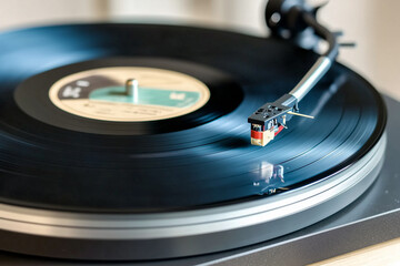 Close-up of vinyl record playing on turntable