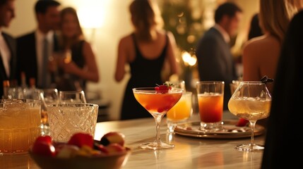A dynamic shot of a cocktail party with guests mingling and enjoying a variety of drinks