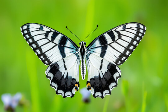 Black and white butterfly with open wings, captured mid-flight against a vibrant green background